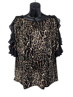 BOLD Elements Leopard Print Ruffle Half Sleeve Blouse Top Black Size Brown Sz L